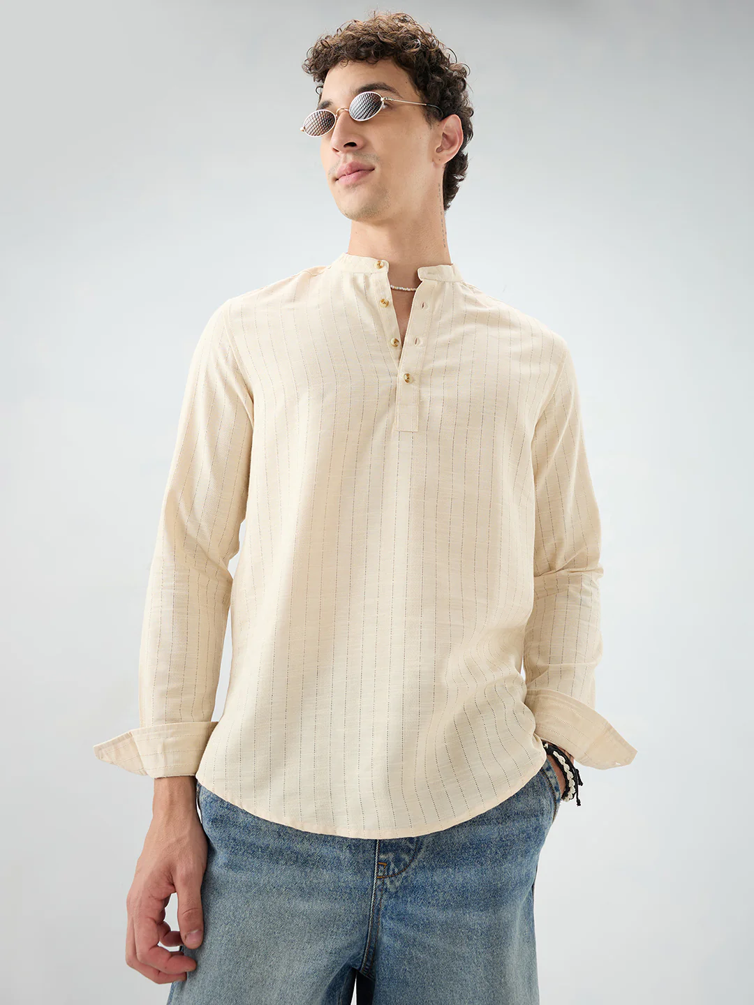 Soft Beige Ladder Striped Evening Kurta - Image 4