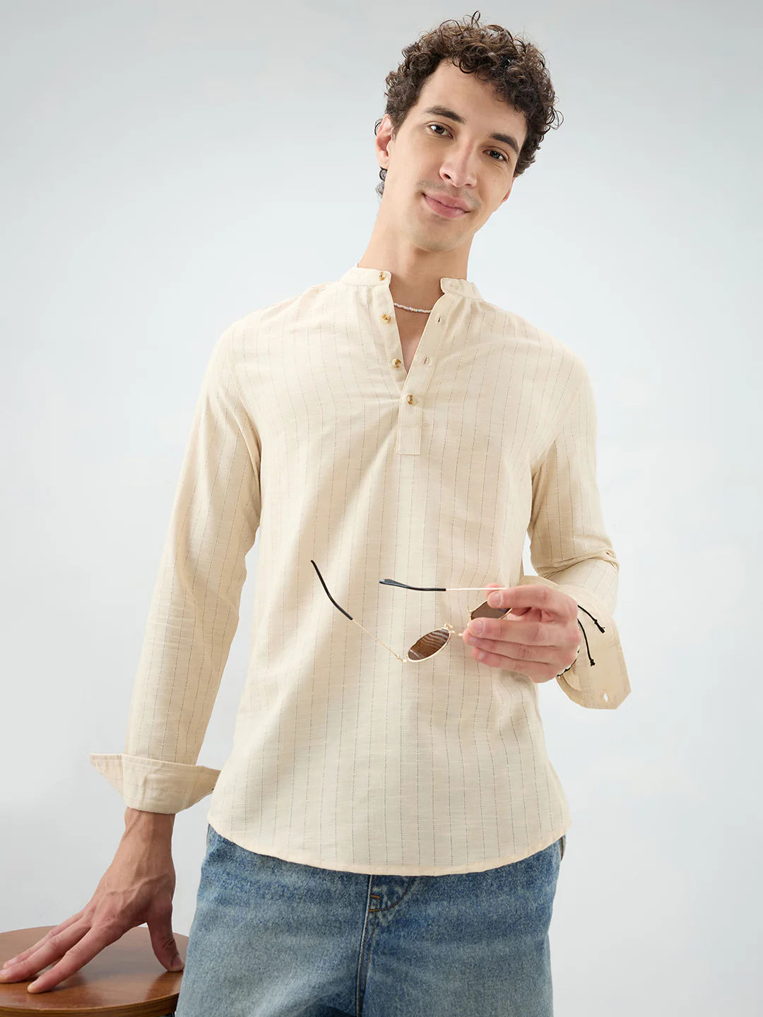 Soft Beige Ladder Striped Evening Kurta - Image 5