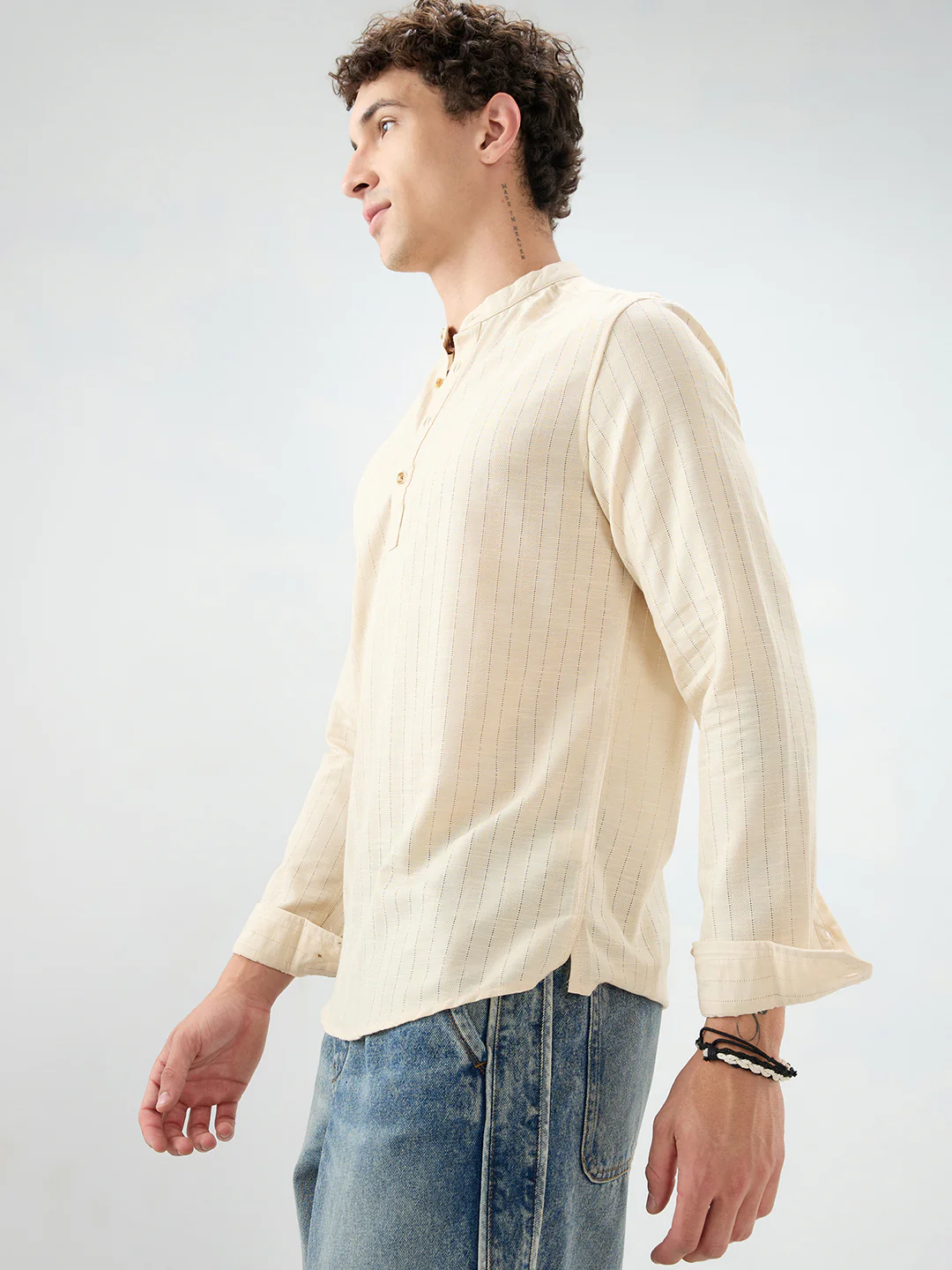 Soft Beige Ladder Striped Evening Kurta - Image 6