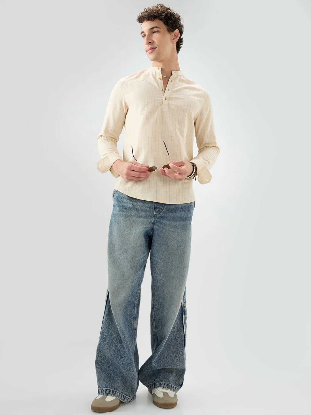 Soft Beige Ladder Striped Evening Kurta - Image 8