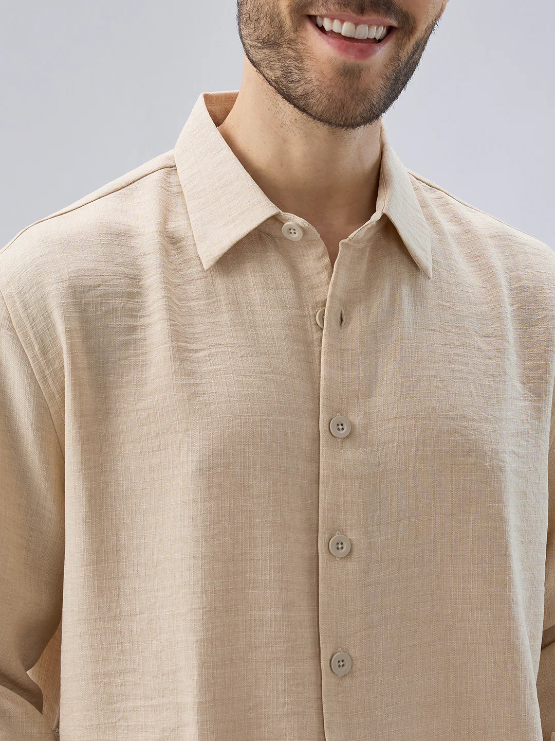 Soft Beige Slub Textured Oversized Side Slit Button Crop Shirt - Image 3