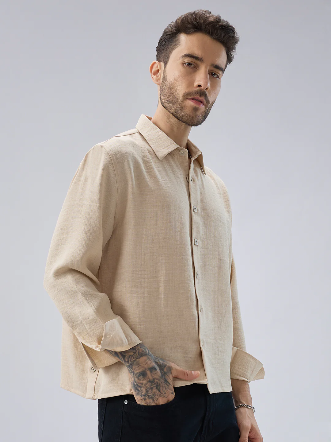 Soft Beige Slub Textured Oversized Side Slit Button Crop Shirt - Image 5