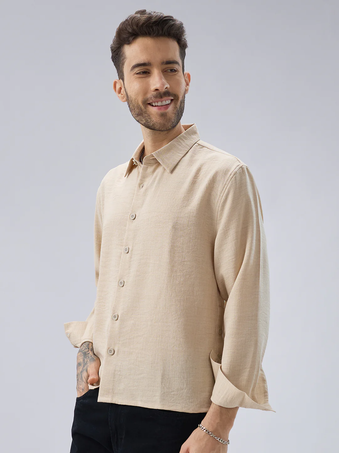 Soft Beige Slub Textured Oversized Side Slit Button Crop Shirt - Image 6