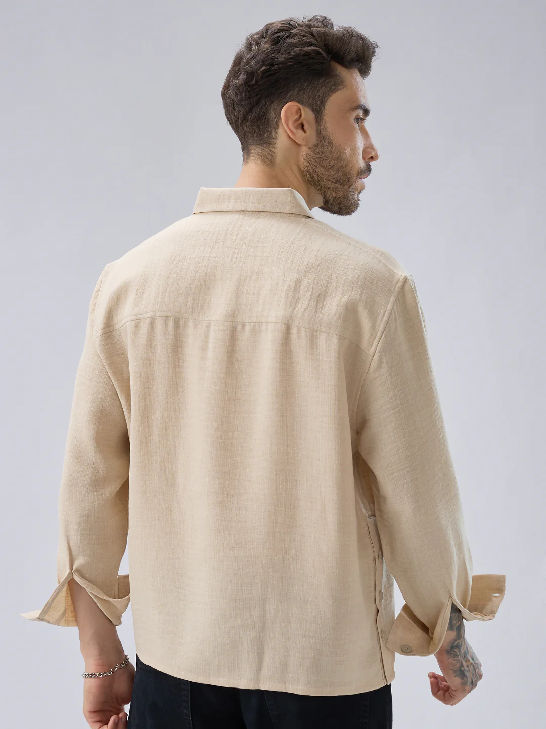 Soft Beige Slub Textured Oversized Side Slit Button Crop Shirt - Image 7