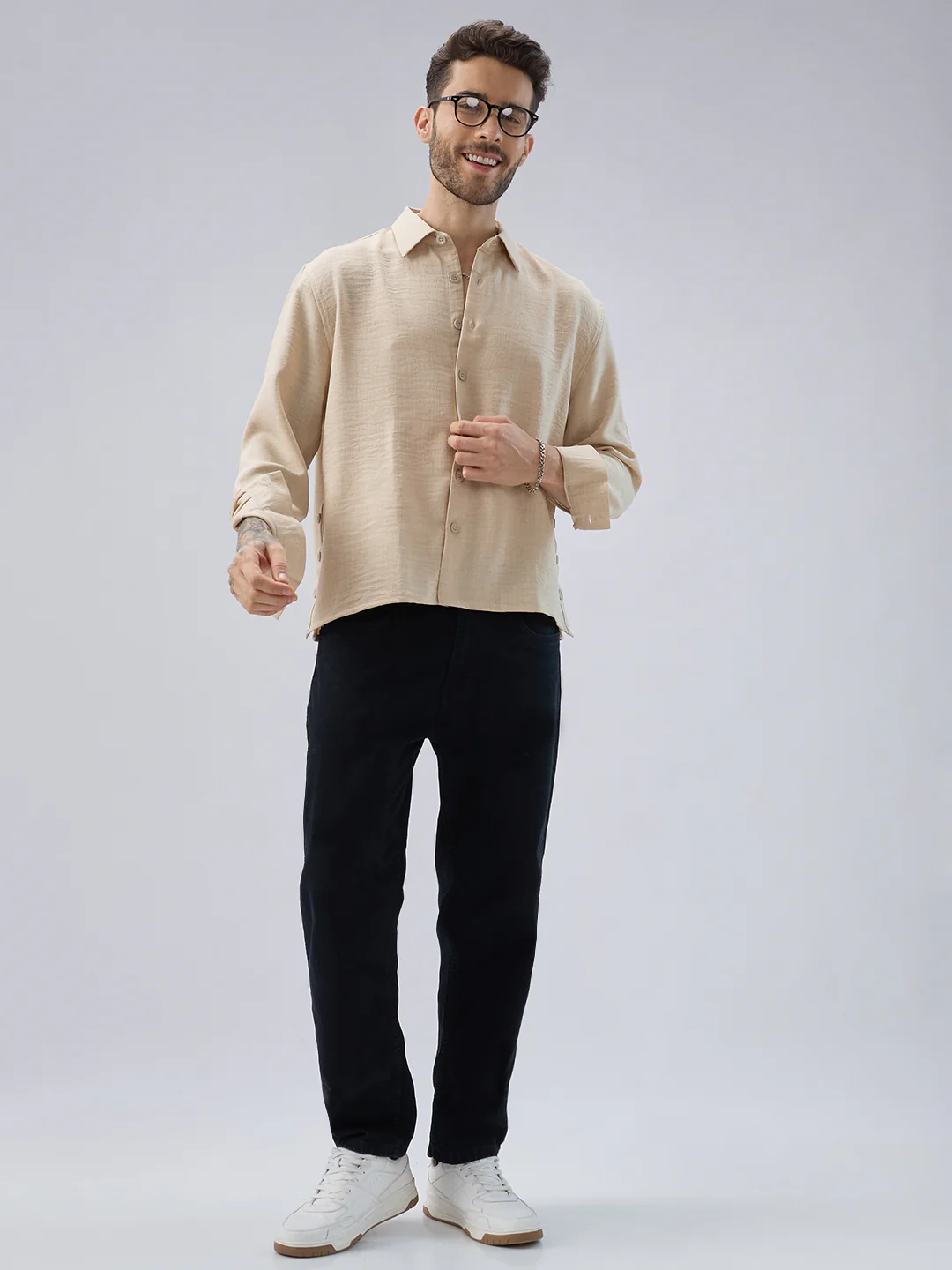 Soft Beige Slub Textured Oversized Side Slit Button Crop Shirt - Image 8
