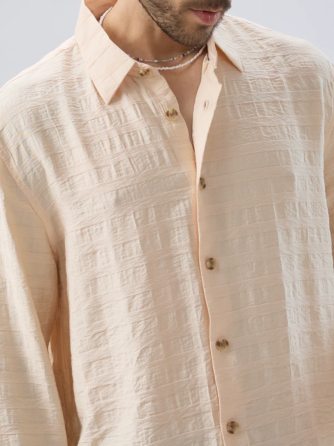 Soft Beige Striped Side-Slit Button Boxy Fit Crop Shirt - Image 3