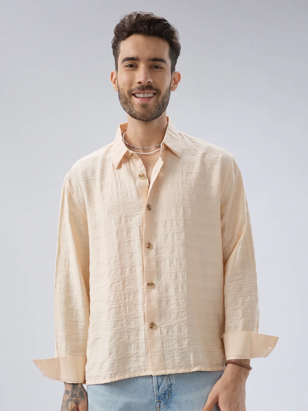 Soft Beige Striped Side-Slit Button Boxy Fit Crop Shirt - Image 5