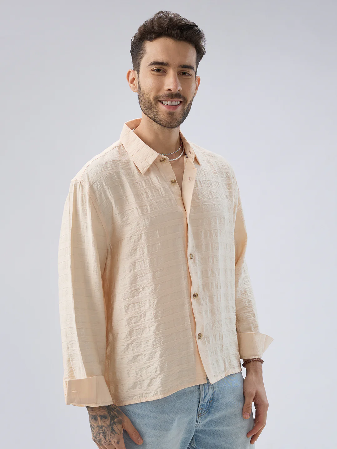 Soft Beige Striped Side-Slit Button Boxy Fit Crop Shirt - Image 6