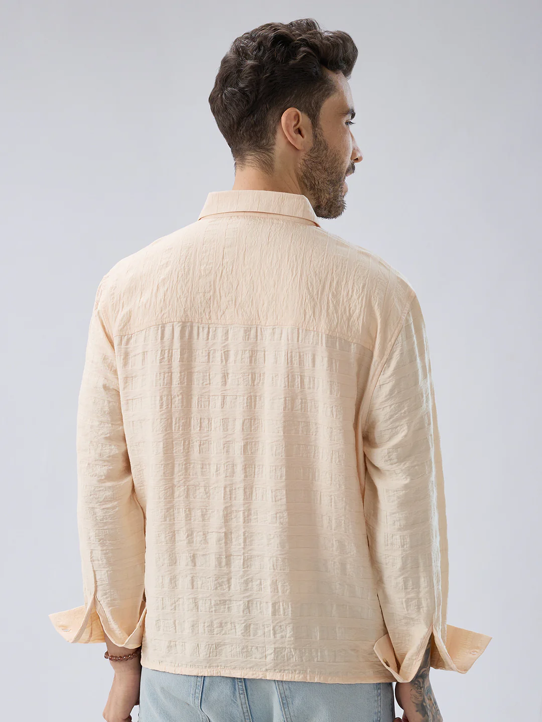 Soft Beige Striped Side-Slit Button Boxy Fit Crop Shirt - Image 7