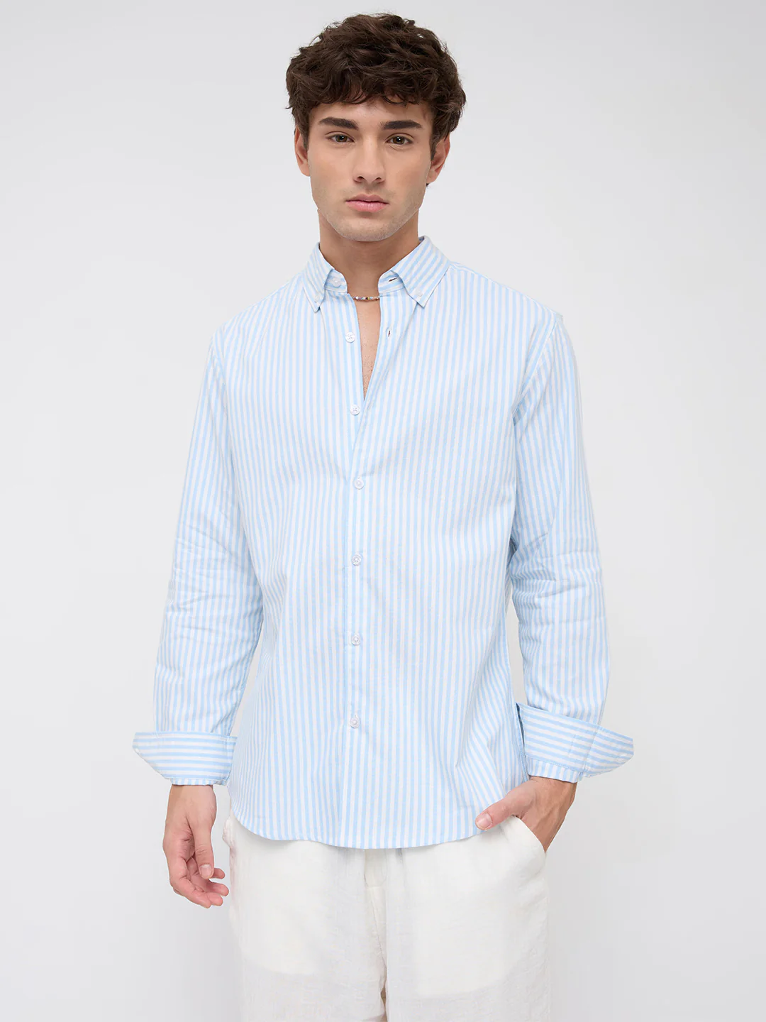 Soft Blue Oxford Vertical Striped Button-Down Collar Shirt - Image 5