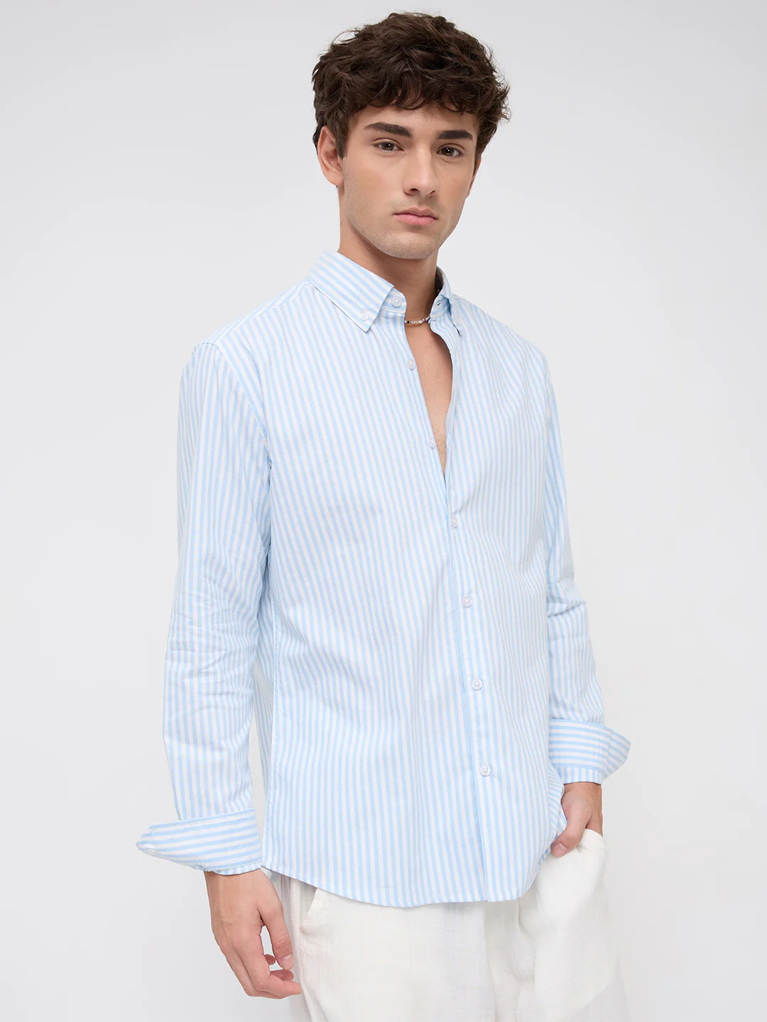 Soft Blue Oxford Vertical Striped Button-Down Collar Shirt - Image 6