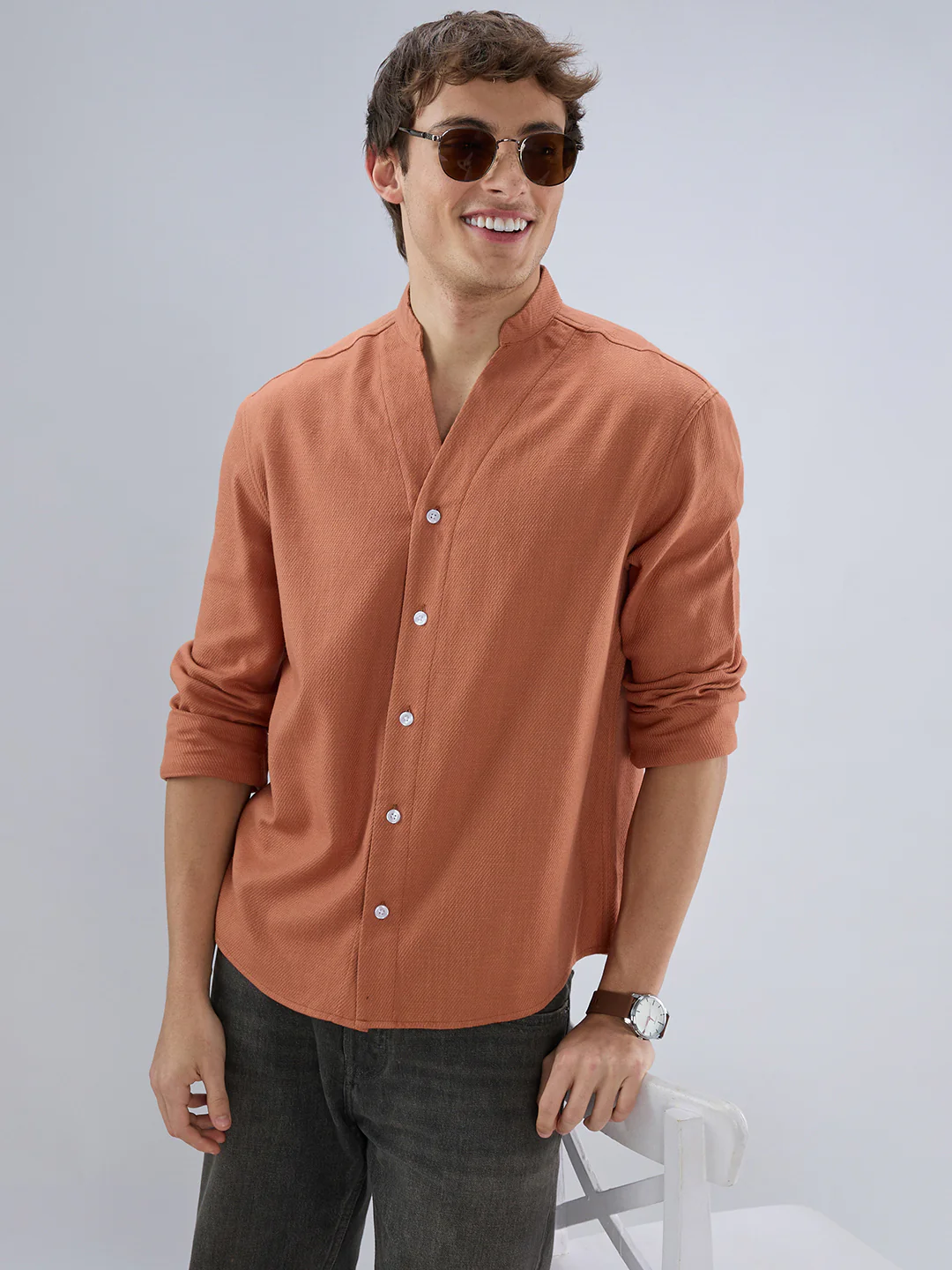 Soft Cider Orange Diagonal Textured Stand Collar Oversized Shirt - Image 2