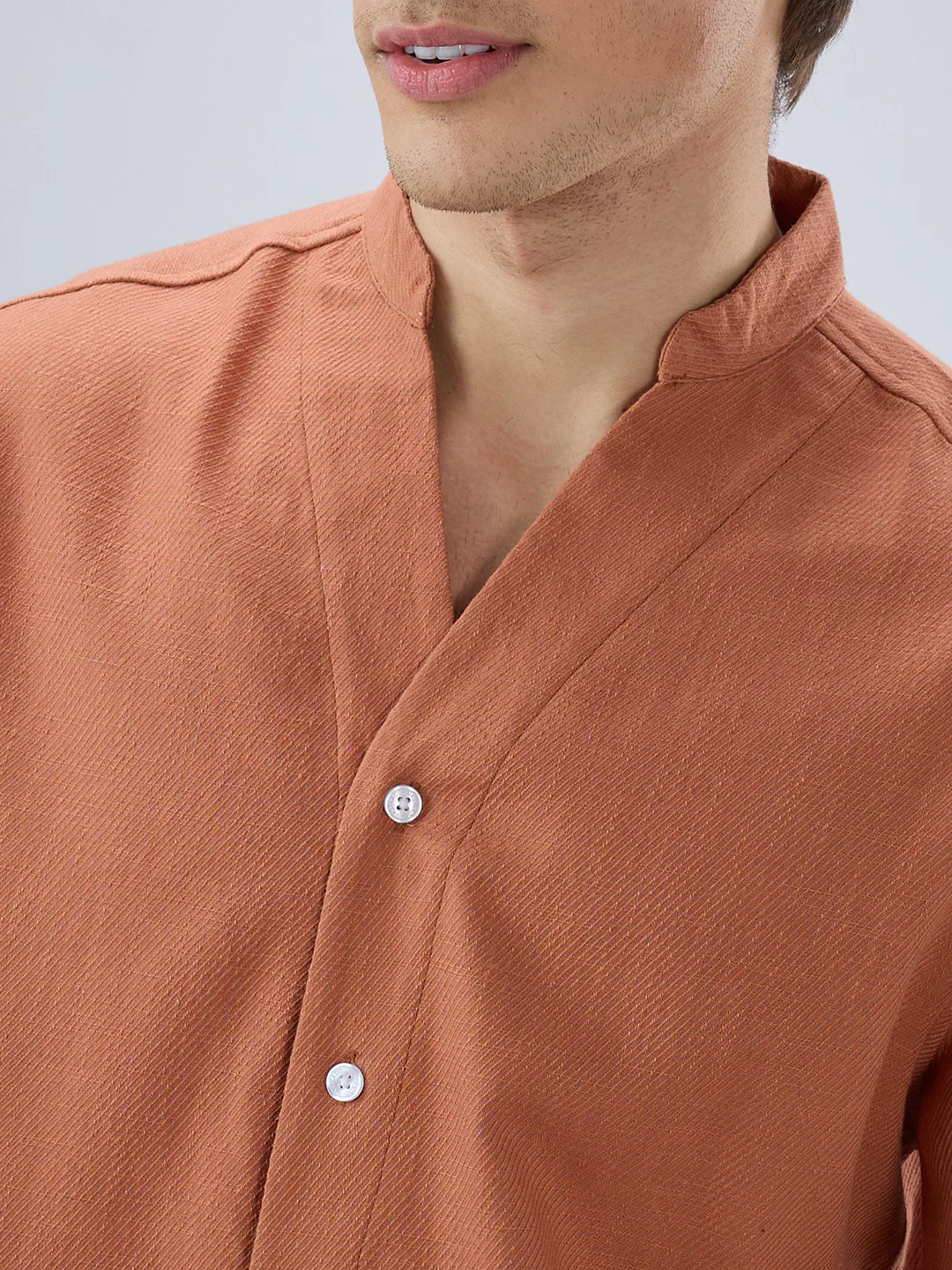 Soft Cider Orange Diagonal Textured Stand Collar Oversized Shirt - Image 3