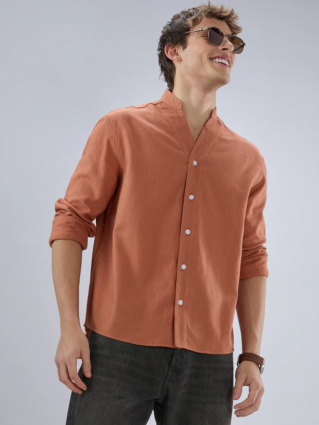 Soft Cider Orange Diagonal Textured Stand Collar Oversized Shirt - Image 4