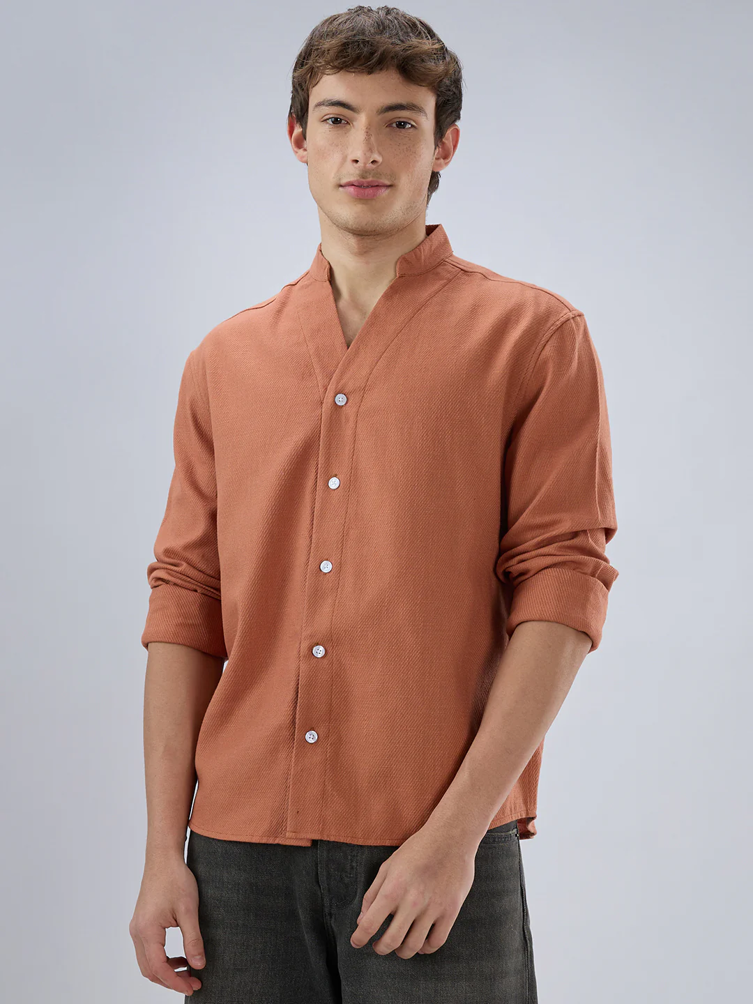 Soft Cider Orange Diagonal Textured Stand Collar Oversized Shirt - Image 5