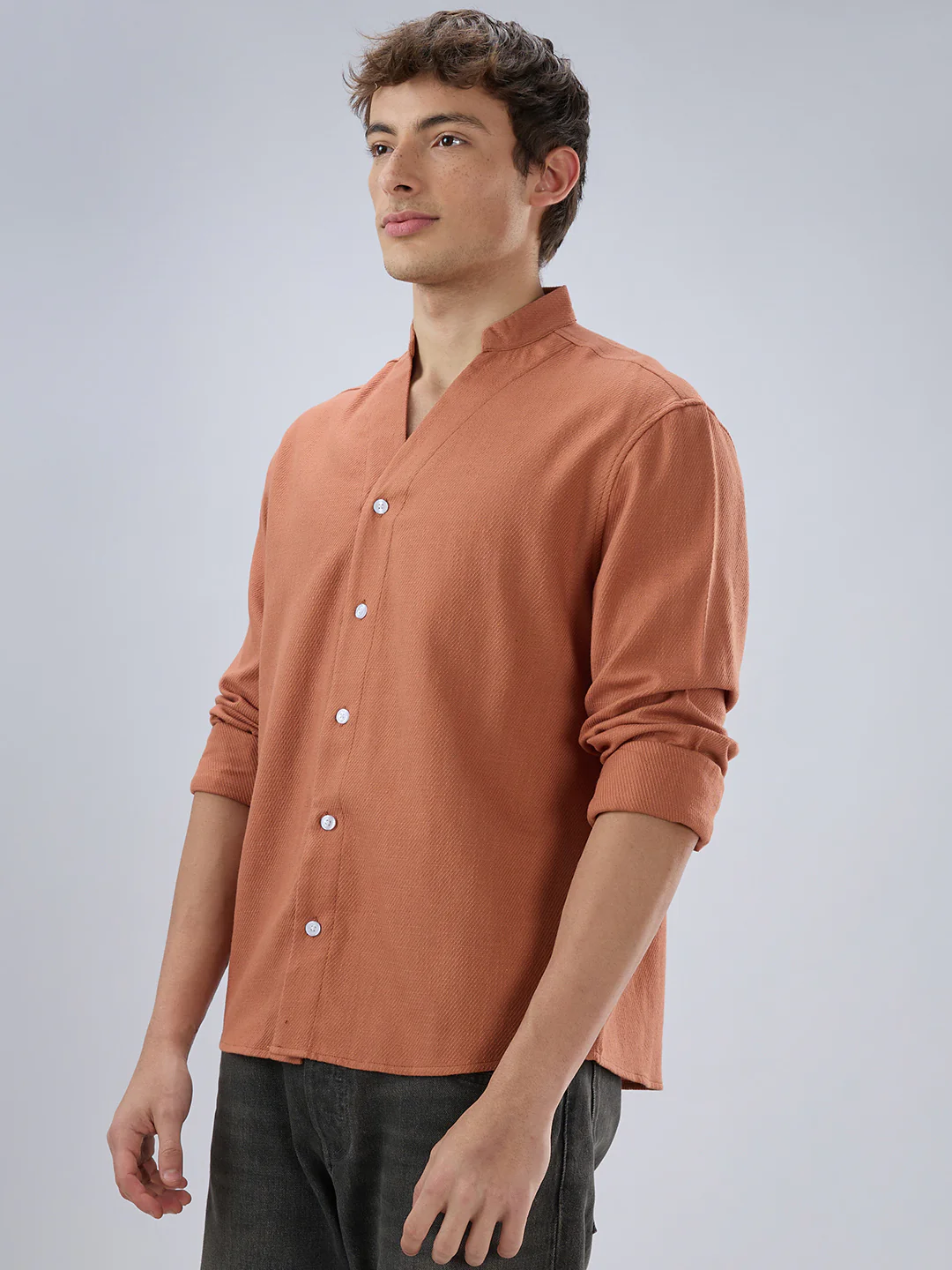Soft Cider Orange Diagonal Textured Stand Collar Oversized Shirt - Image 6