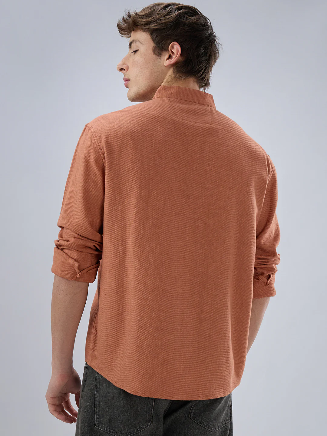Soft Cider Orange Diagonal Textured Stand Collar Oversized Shirt - Image 7