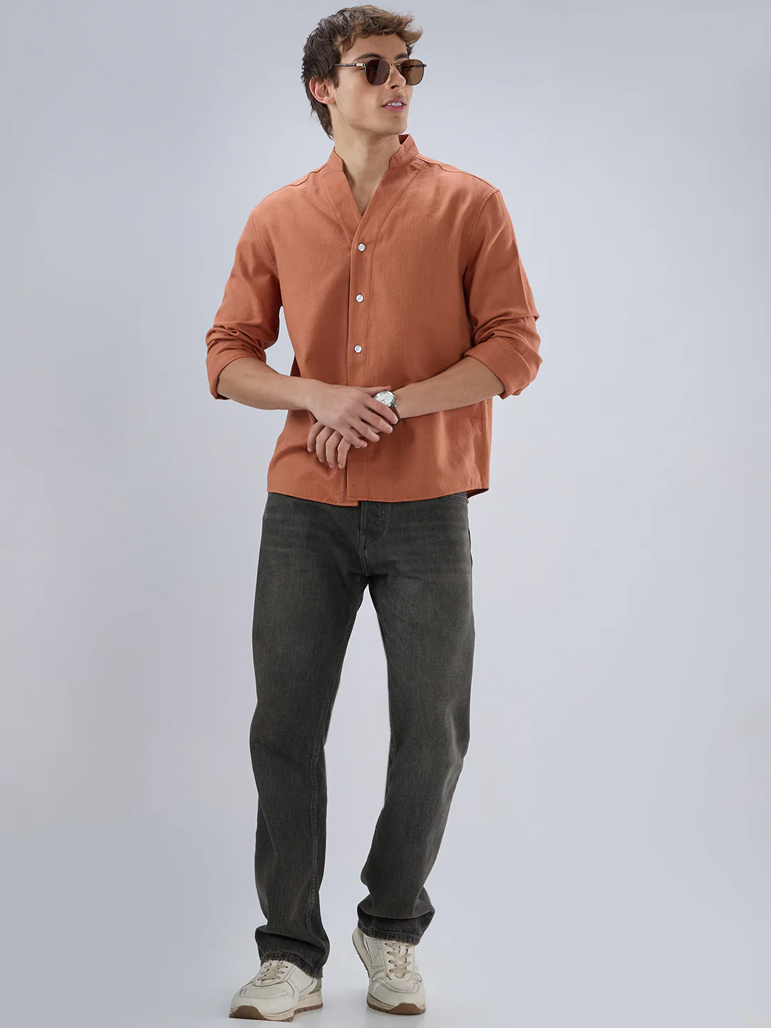 Soft Cider Orange Diagonal Textured Stand Collar Oversized Shirt - Image 8