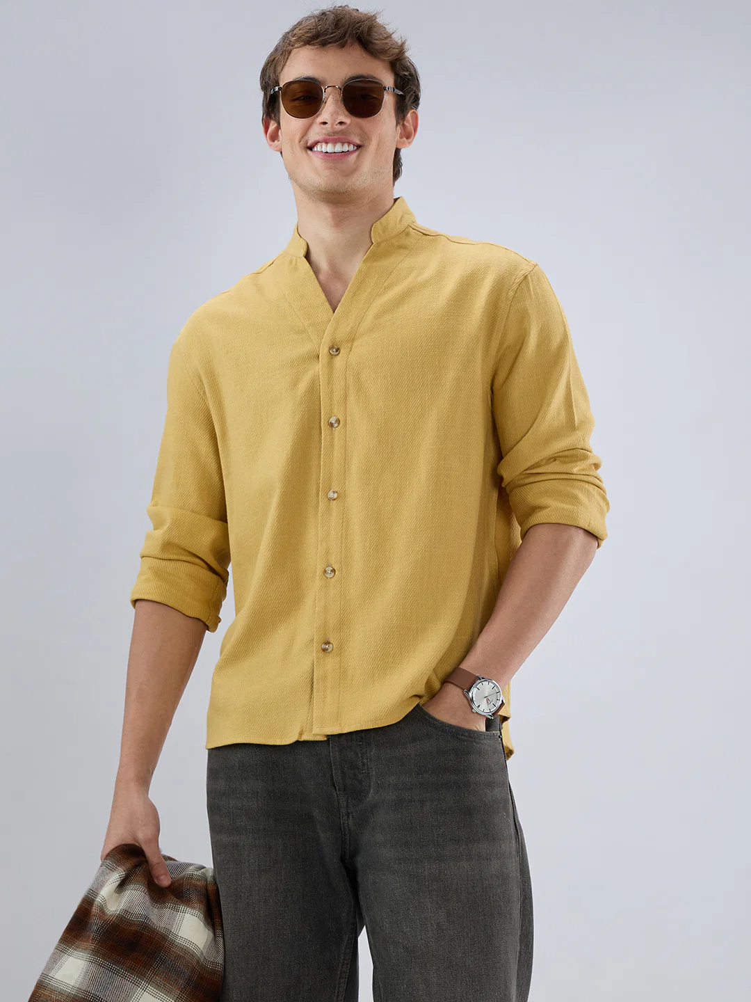 Soft Honey Yellow Diagonal Textured Stand Collar Oversized Shirt - Image 2