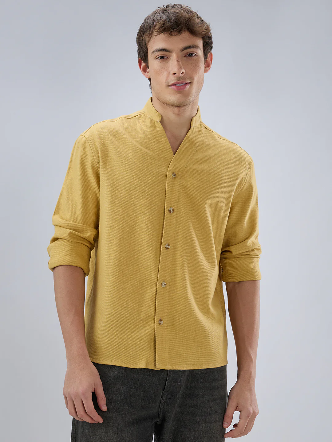 Soft Honey Yellow Diagonal Textured Stand Collar Oversized Shirt - Image 5