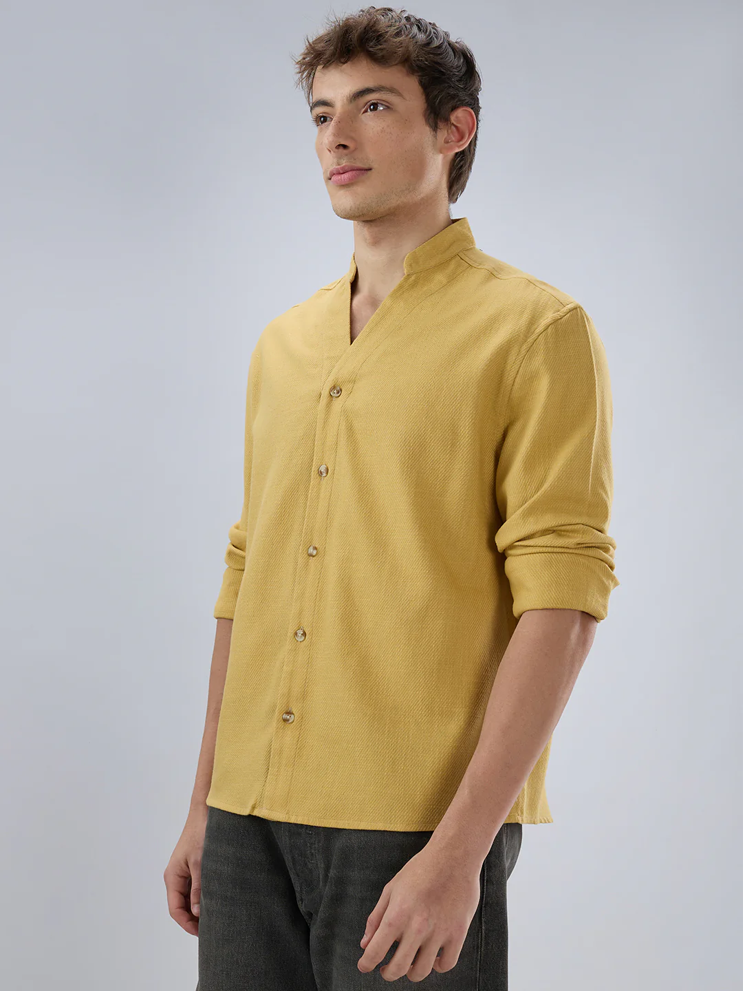 Soft Honey Yellow Diagonal Textured Stand Collar Oversized Shirt - Image 6