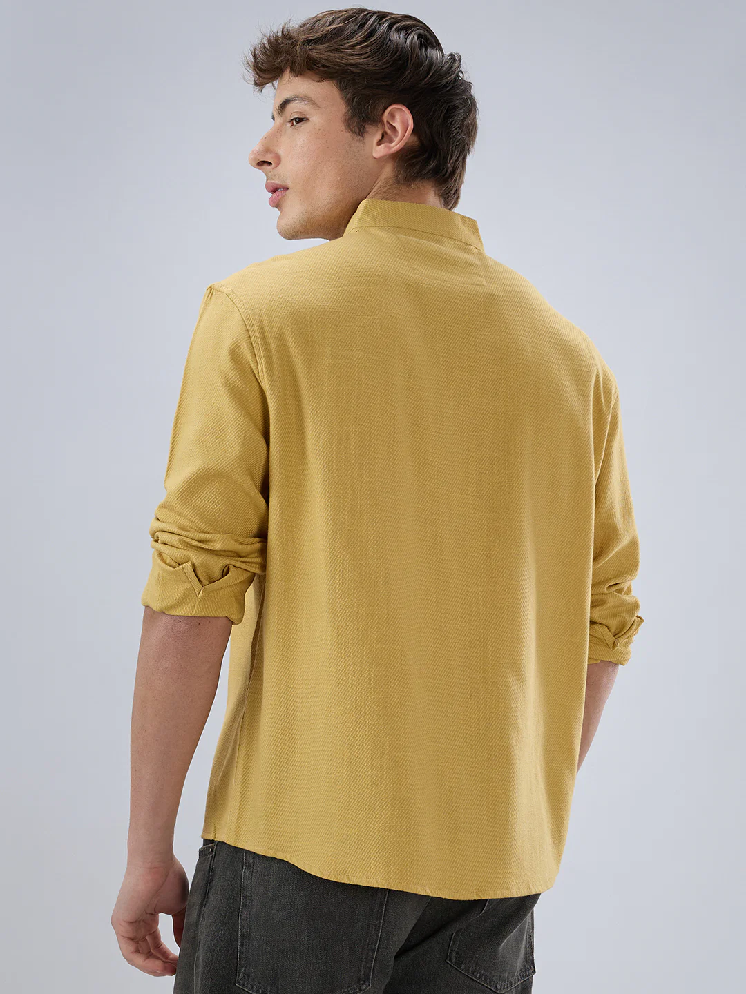 Soft Honey Yellow Diagonal Textured Stand Collar Oversized Shirt - Image 7
