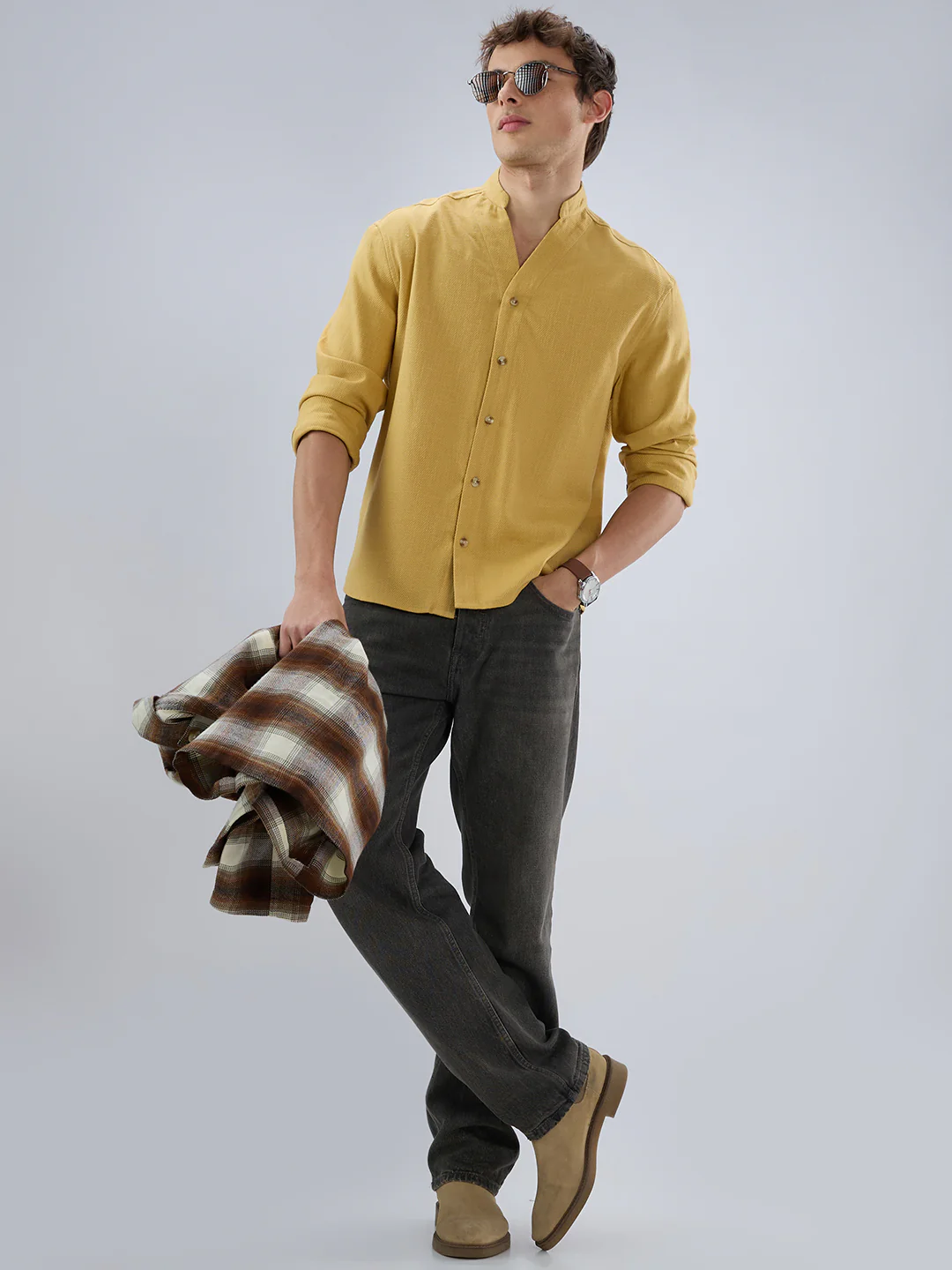 Soft Honey Yellow Diagonal Textured Stand Collar Oversized Shirt - Image 8