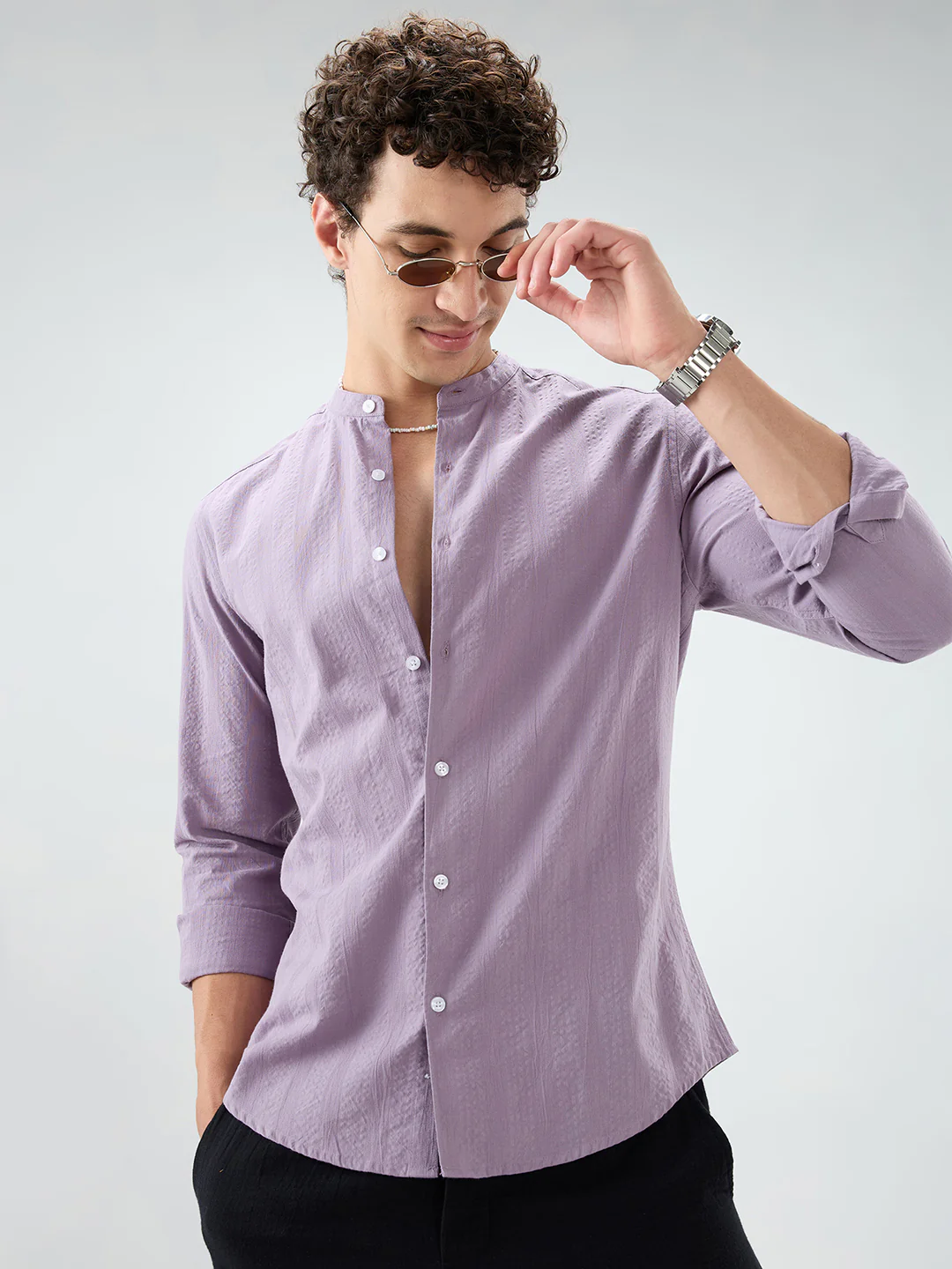 Soft Lavender Seersucker Striped Mandarin Shirt
