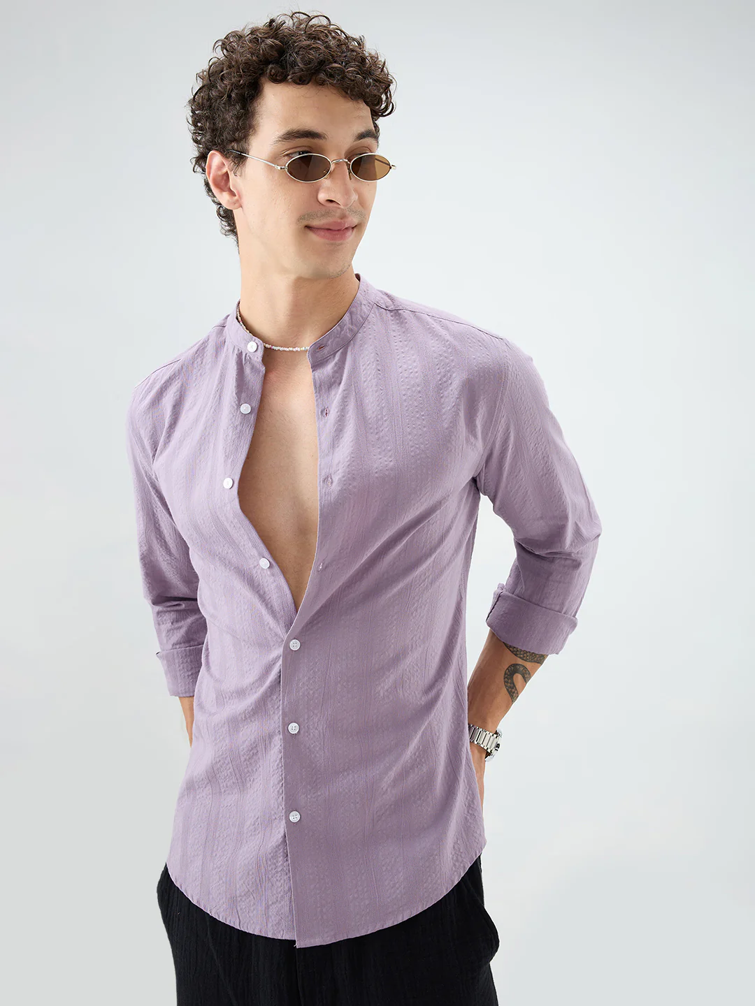 Soft Lavender Seersucker Striped Mandarin Shirt - Image 2