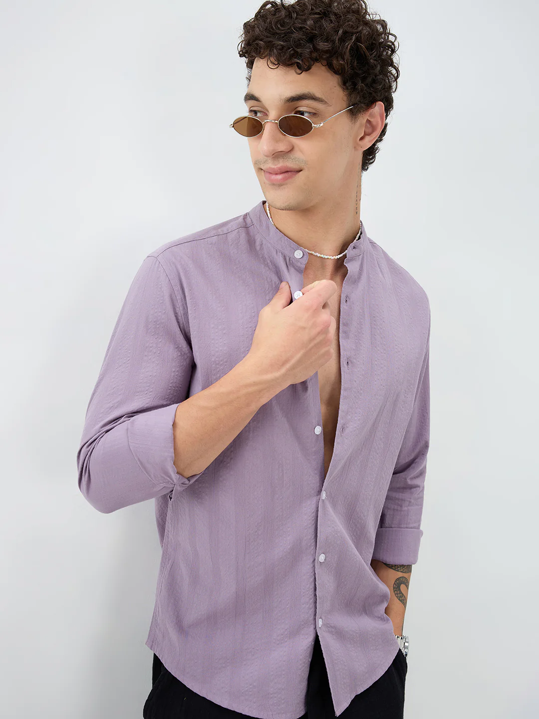 Soft Lavender Seersucker Striped Mandarin Shirt - Image 4