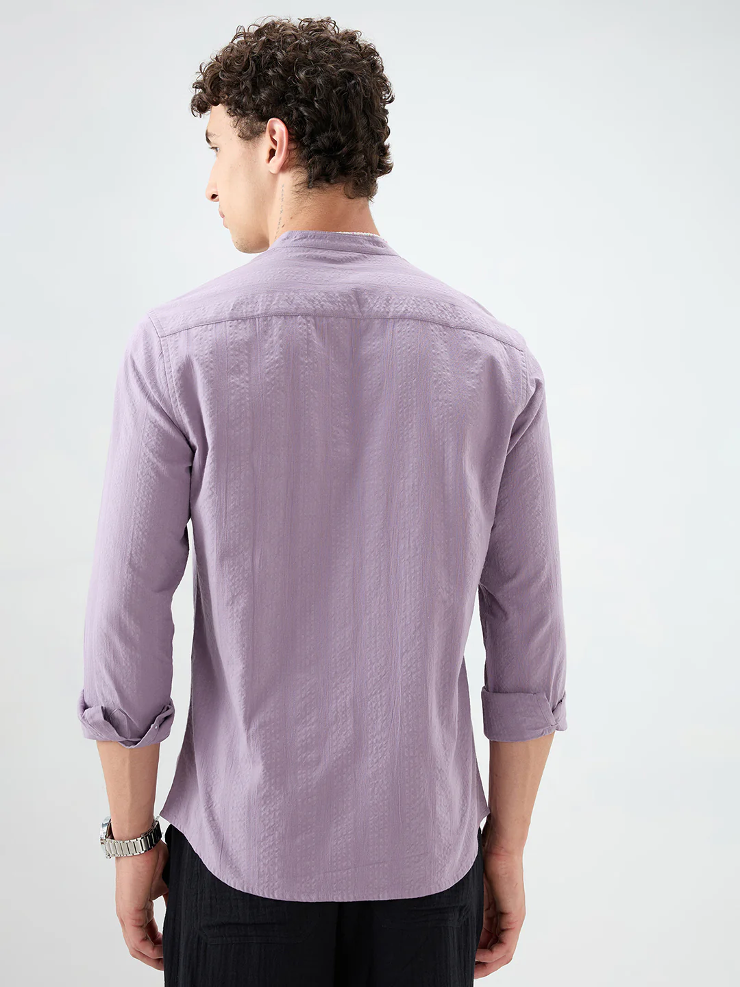 Soft Lavender Seersucker Striped Mandarin Shirt - Image 6