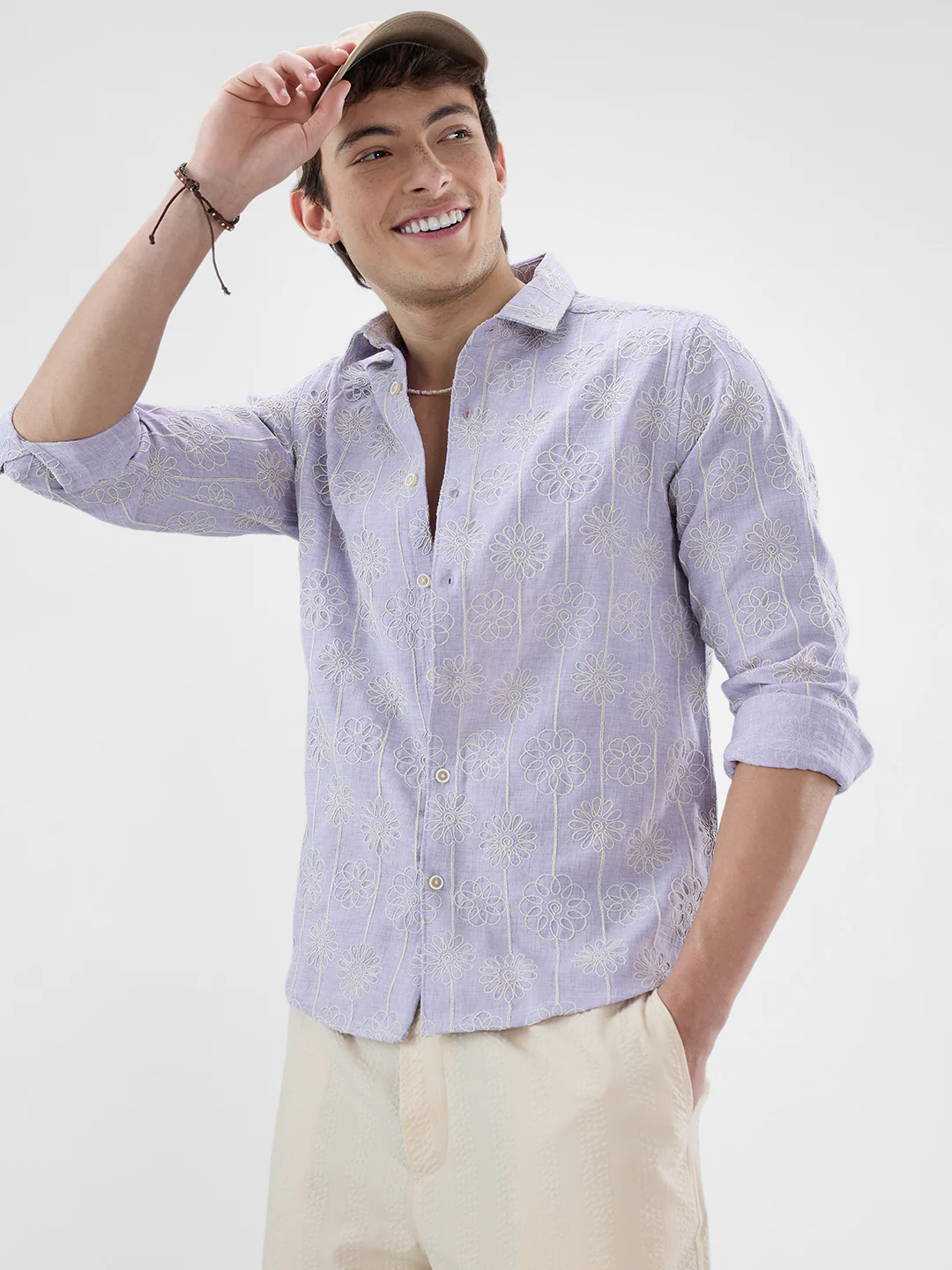 Soft Lilac Floral Embroidered Slub Shirt - Image 2
