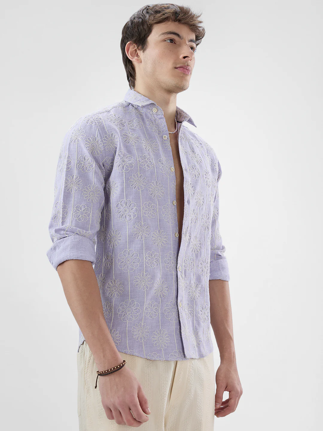 Soft Lilac Floral Embroidered Slub Shirt - Image 5