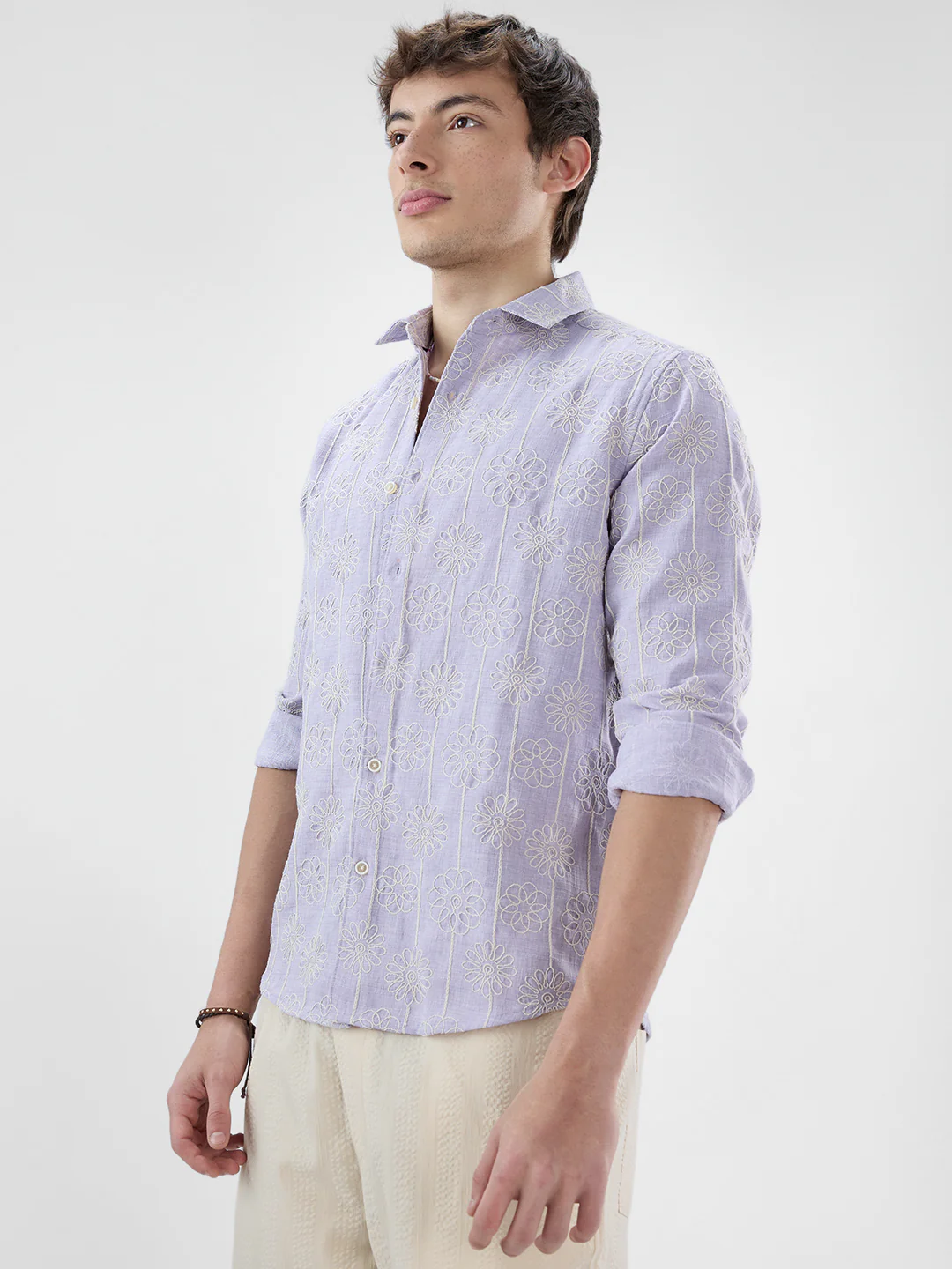 Soft Lilac Floral Embroidered Slub Shirt - Image 6