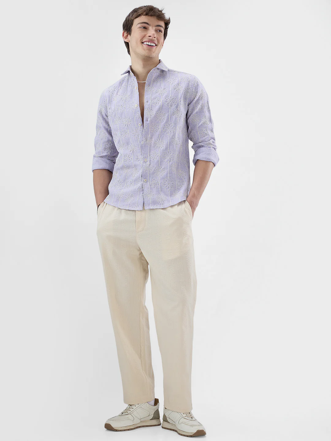 Soft Lilac Floral Embroidered Slub Shirt - Image 8