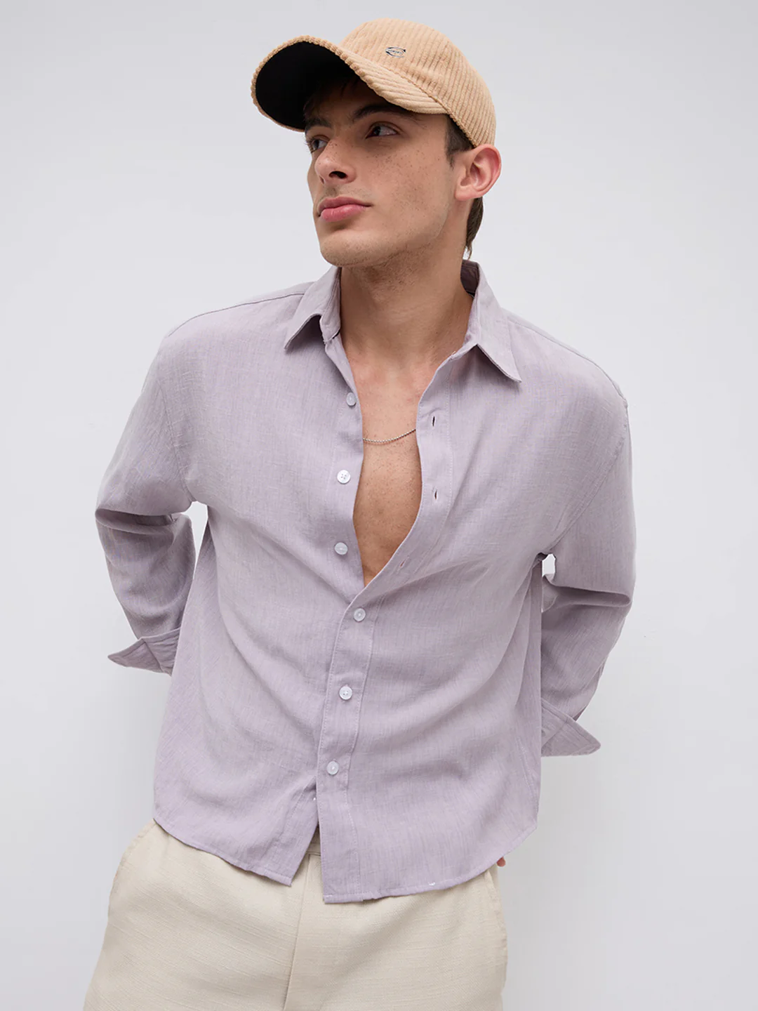 Soft Lilac Smooth Weave Boxy Fit Crop Shirt - Image 2