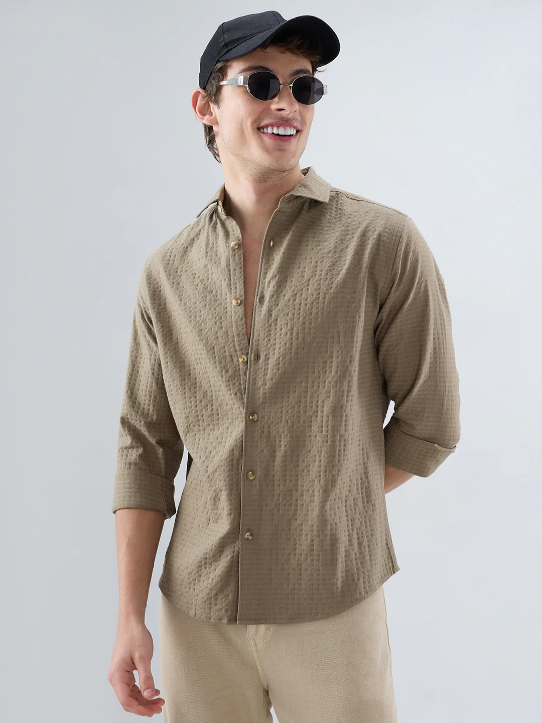 Soft Olive Box Textured Weave Double Cloth Shirt - Image 2