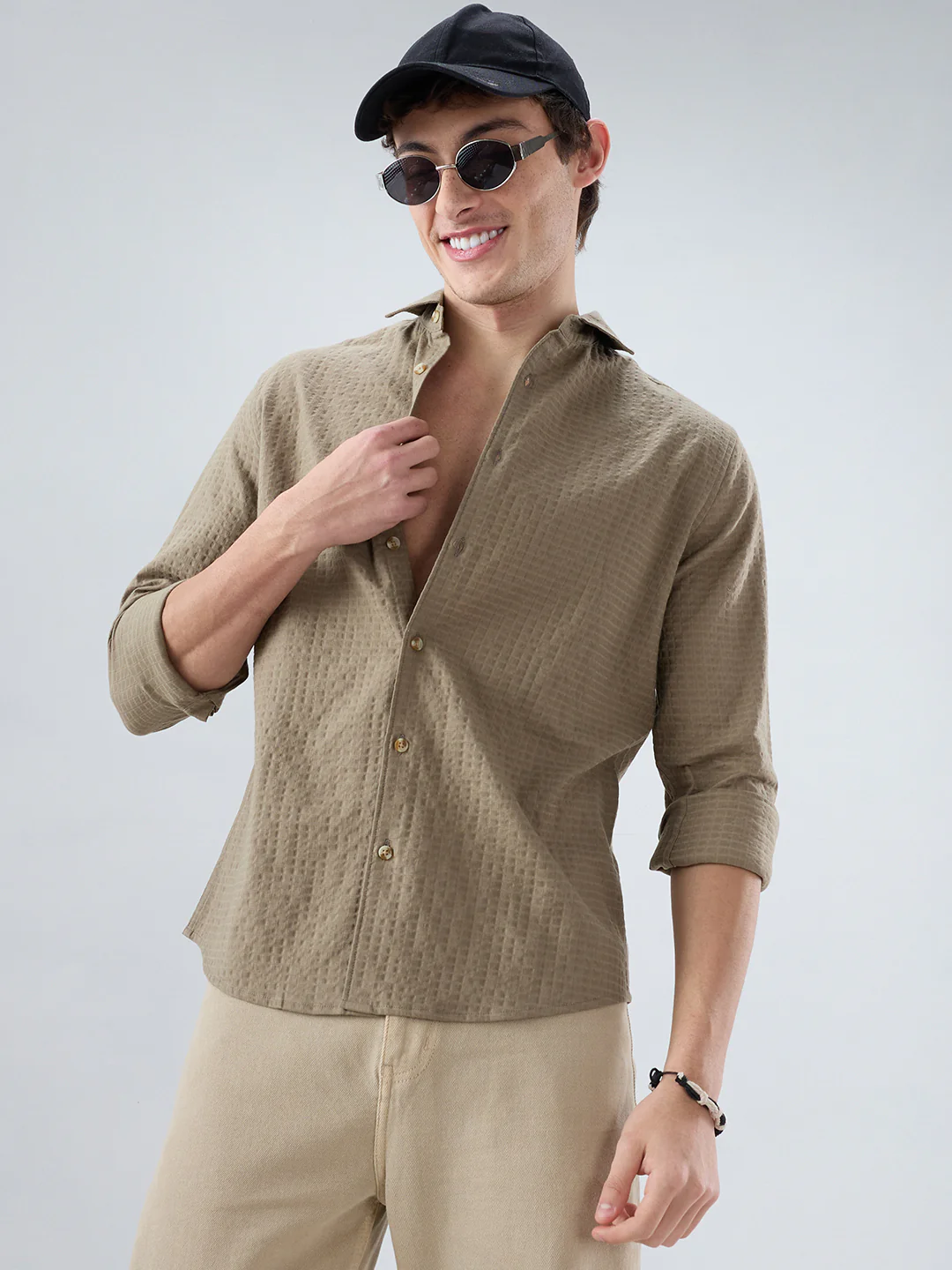 Soft Olive Box Textured Weave Double Cloth Shirt - Image 4
