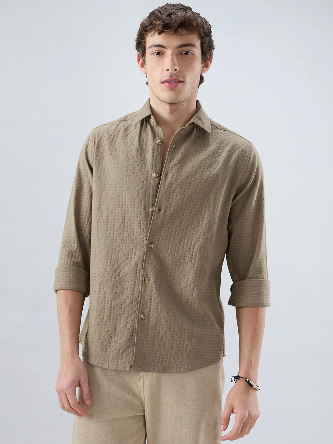 Soft Olive Box Textured Weave Double Cloth Shirt - Image 5