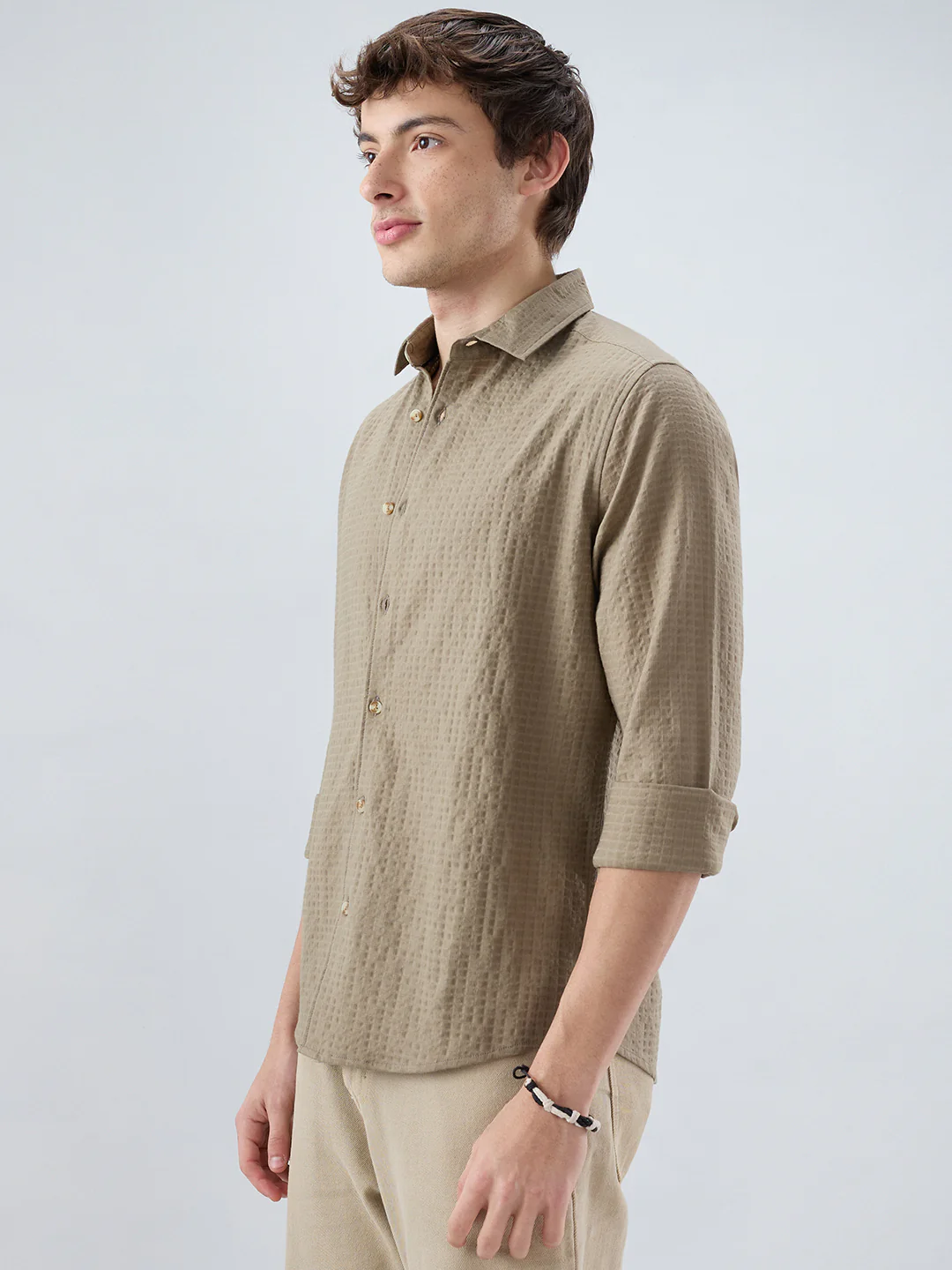 Soft Olive Box Textured Weave Double Cloth Shirt - Image 6