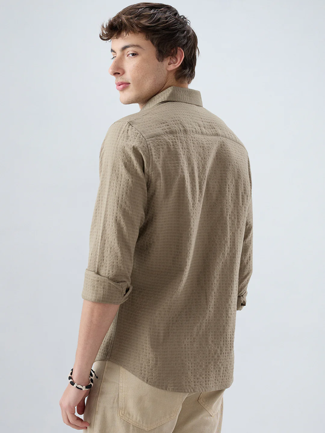 Soft Olive Box Textured Weave Double Cloth Shirt - Image 7
