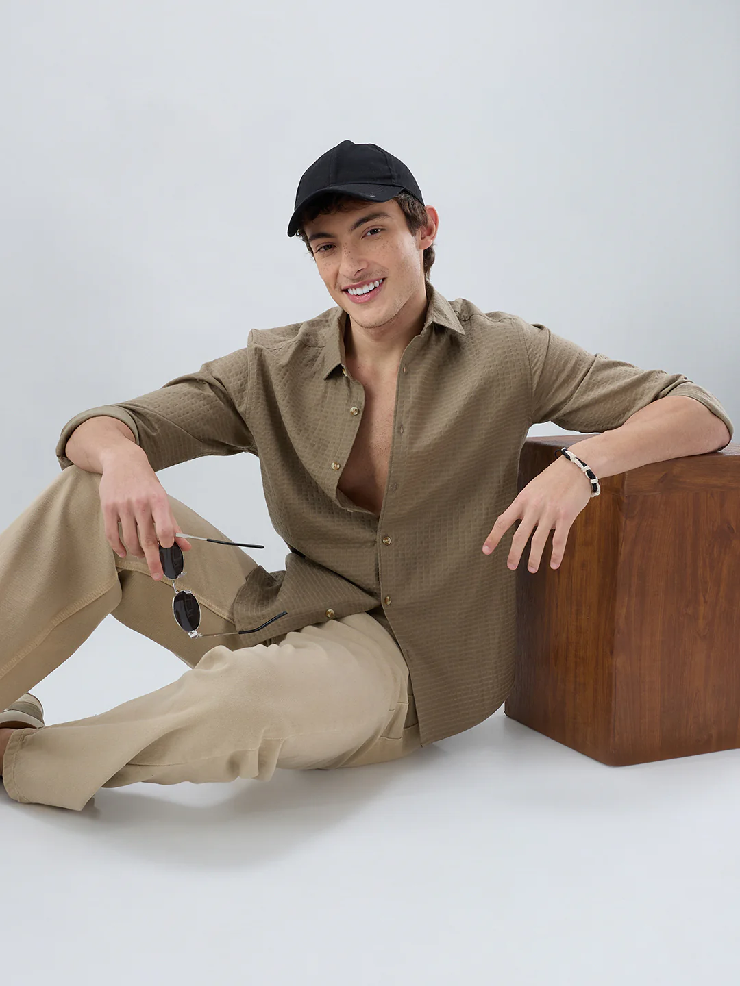 Soft Olive Box Textured Weave Double Cloth Shirt - Image 8