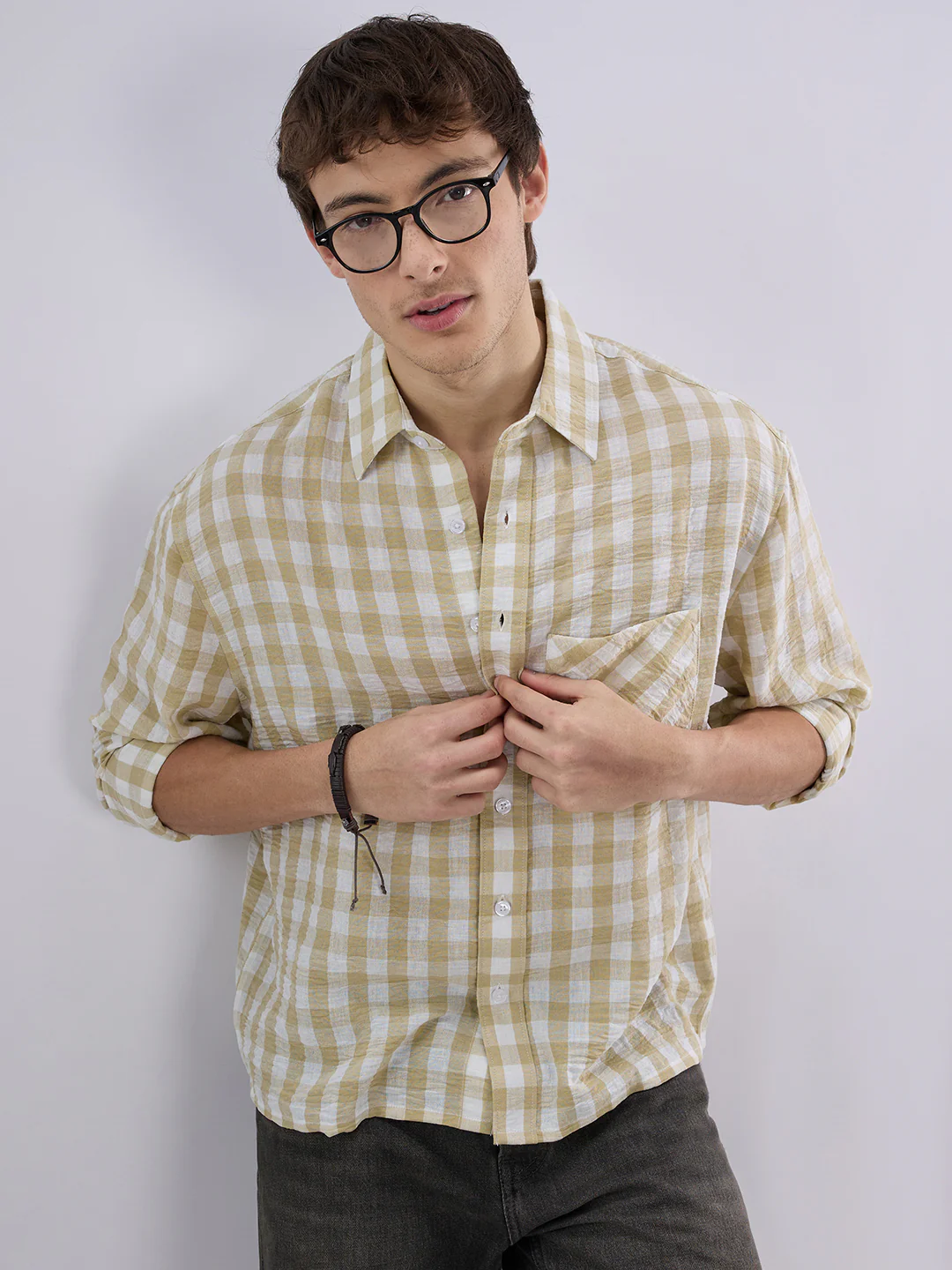 Soft Olive Gingham Checks Crinkled Boxy Fit Crop Shirt - Image 2