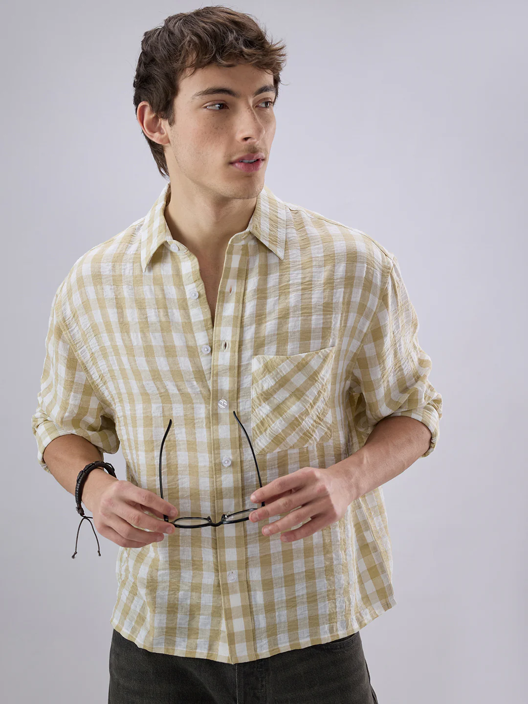 Soft Olive Gingham Checks Crinkled Boxy Fit Crop Shirt - Image 4