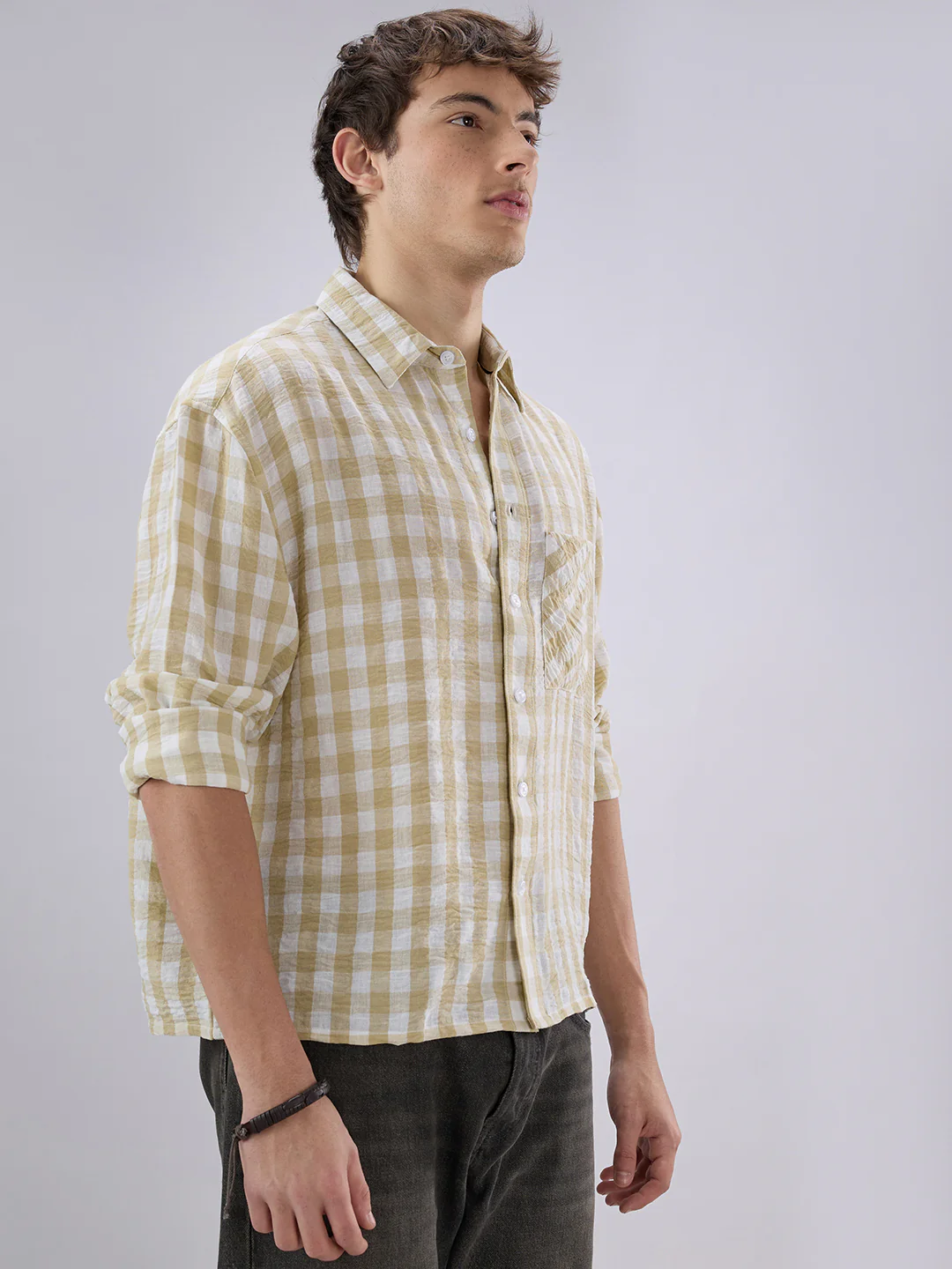 Soft Olive Gingham Checks Crinkled Boxy Fit Crop Shirt - Image 5