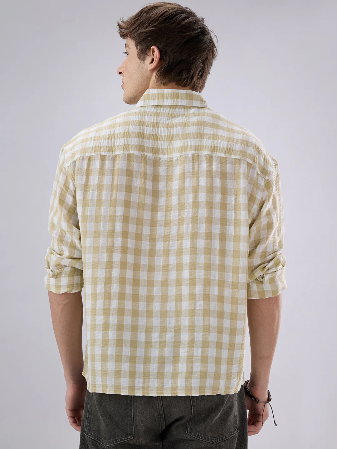 Soft Olive Gingham Checks Crinkled Boxy Fit Crop Shirt - Image 6