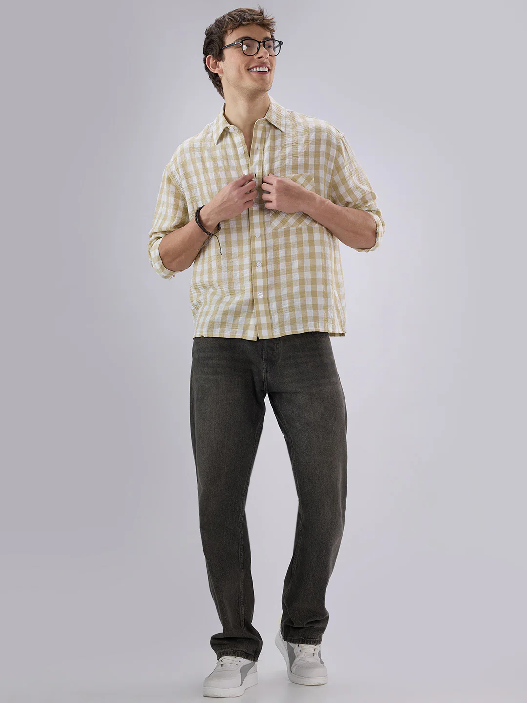 Soft Olive Gingham Checks Crinkled Boxy Fit Crop Shirt - Image 7