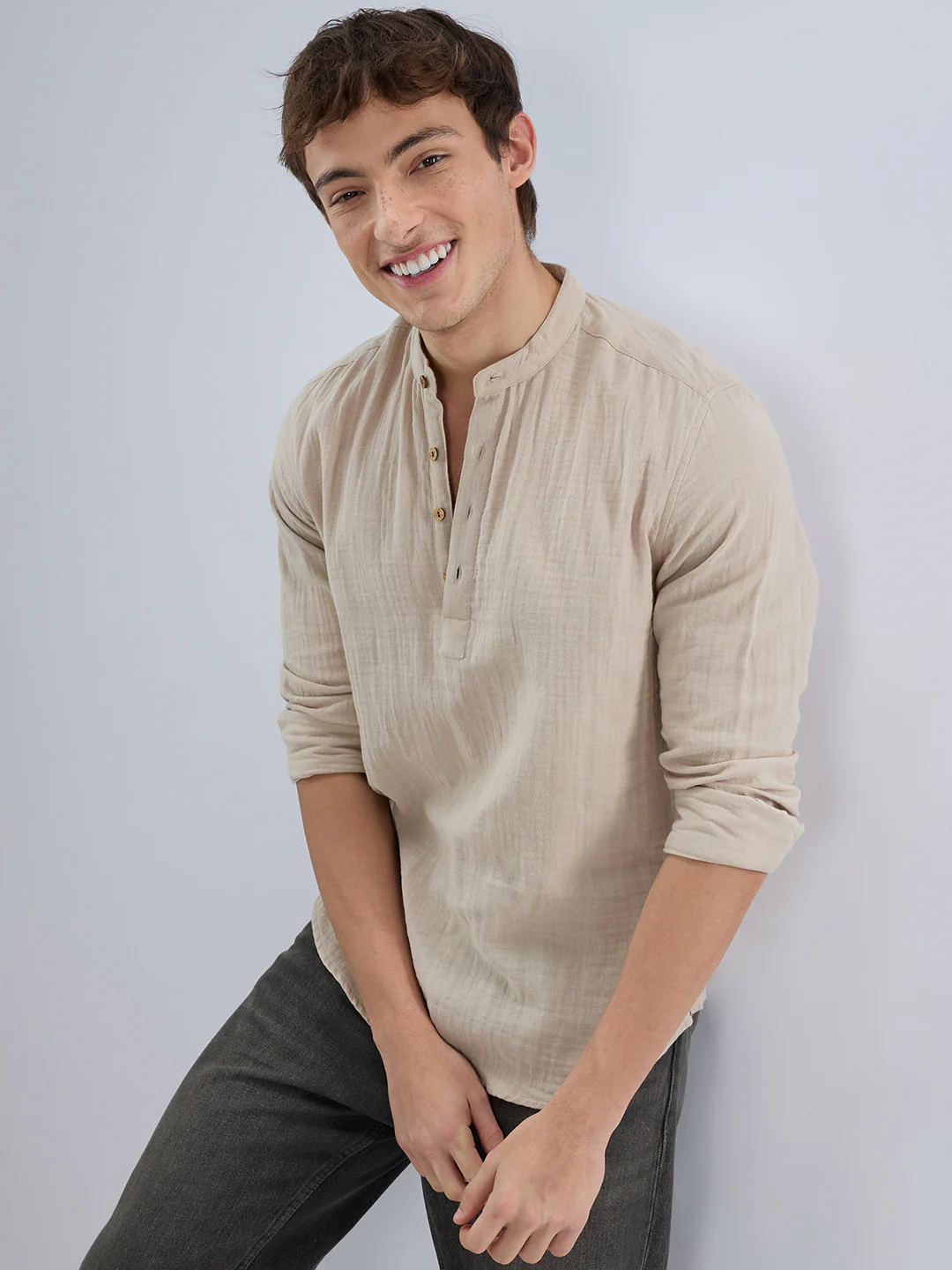 Soft Pastel Beige Double Cloth Kurta - Image 4