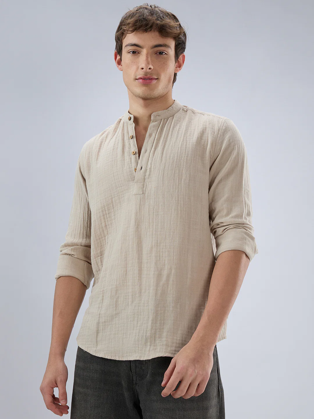 Soft Pastel Beige Double Cloth Kurta - Image 5
