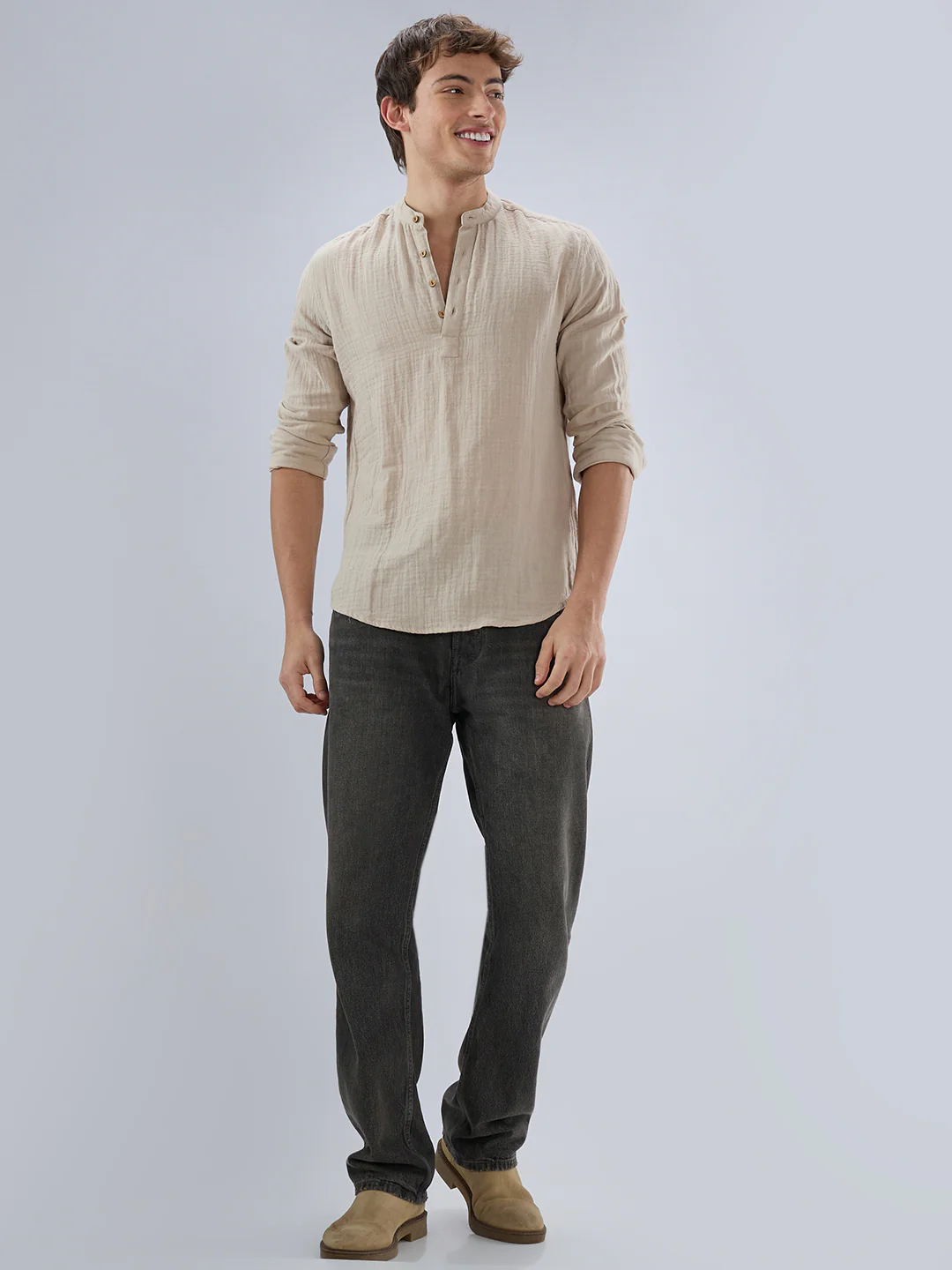 Soft Pastel Beige Double Cloth Kurta - Image 7